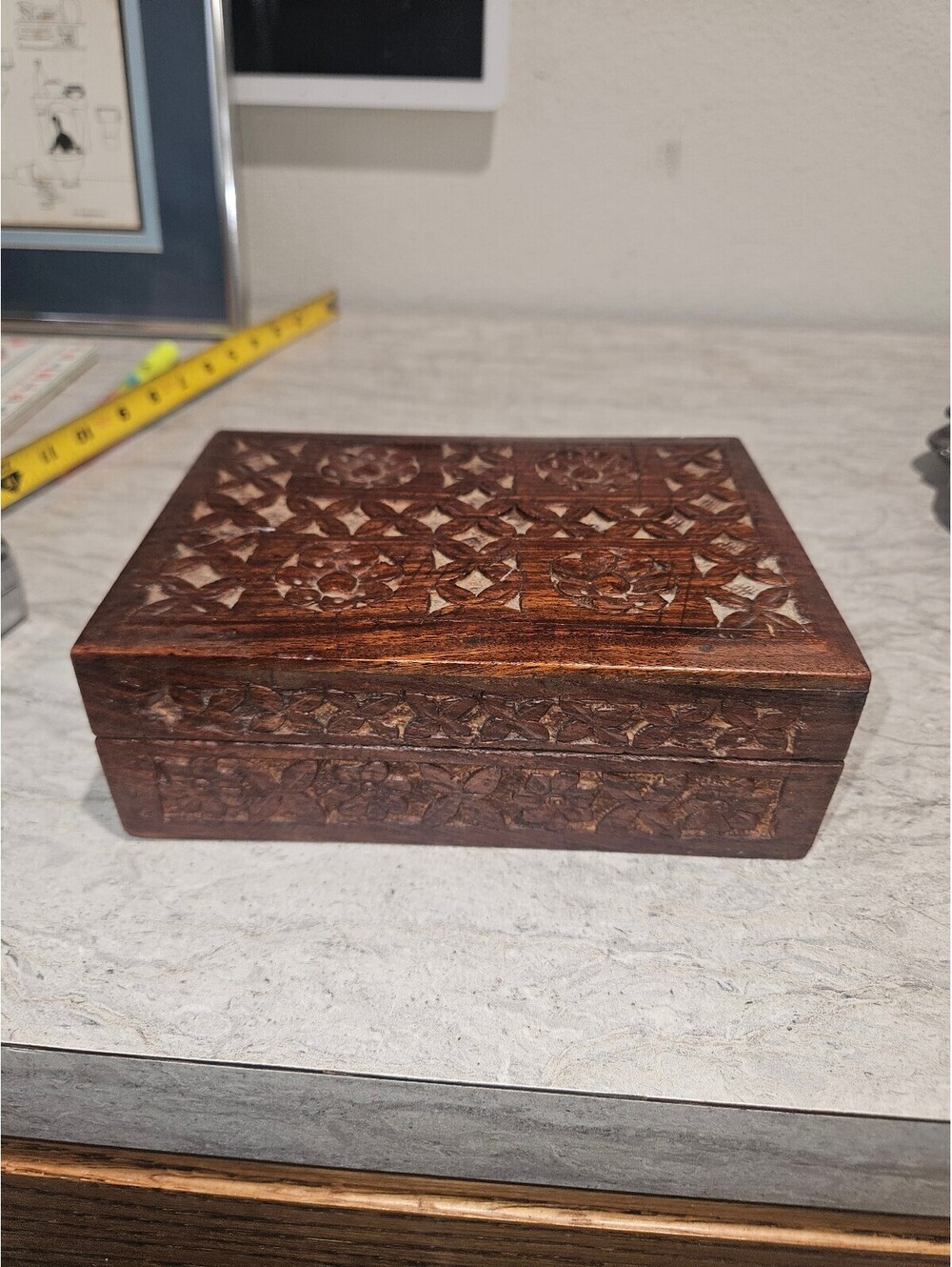 Vintage Hand Carved Wooden Jewelry Box with Blue Felt Lining